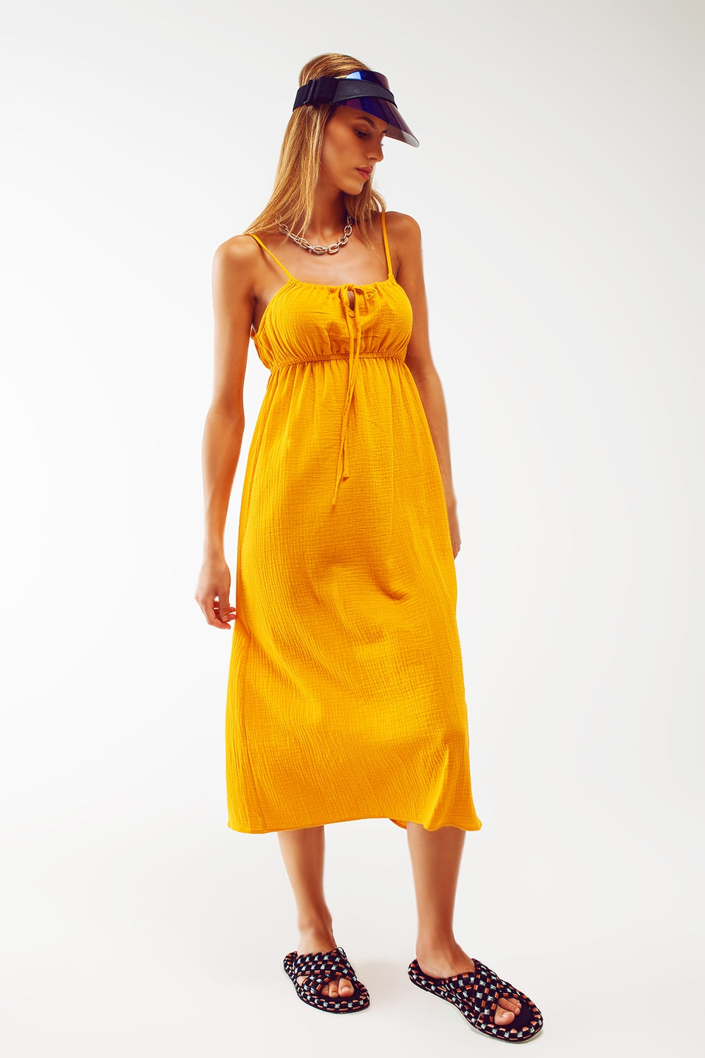 Q2 Vestido longo de verão amarelo com alças e cintura franzida