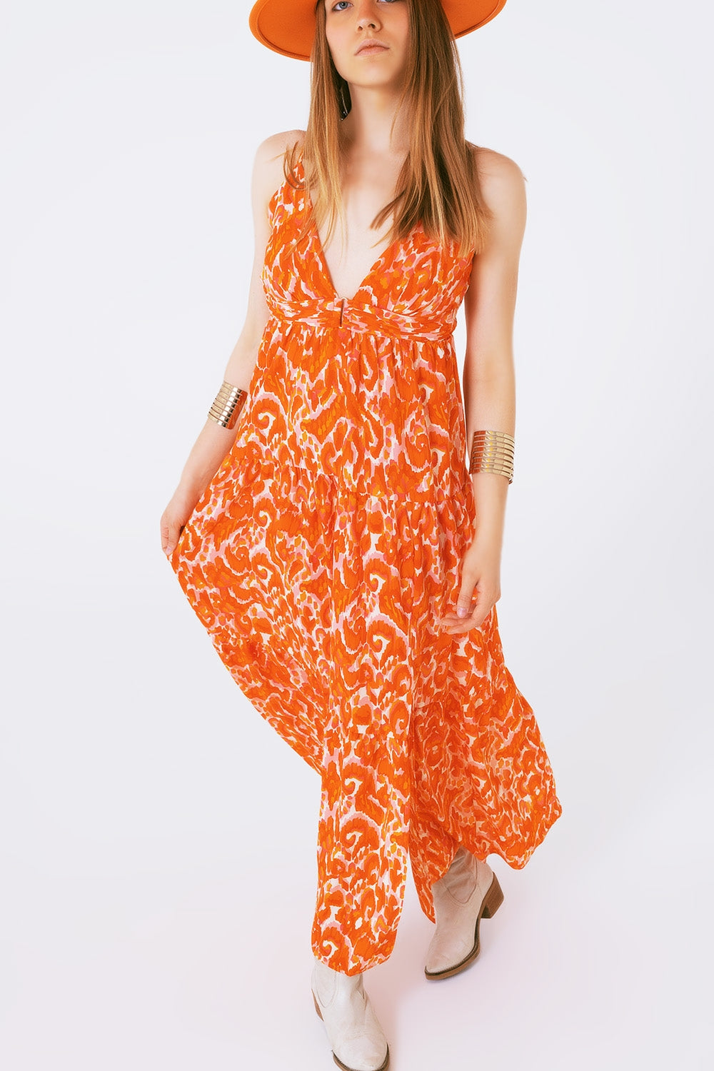 Q2 Vestido longo estampado floral com decote em V em laranja