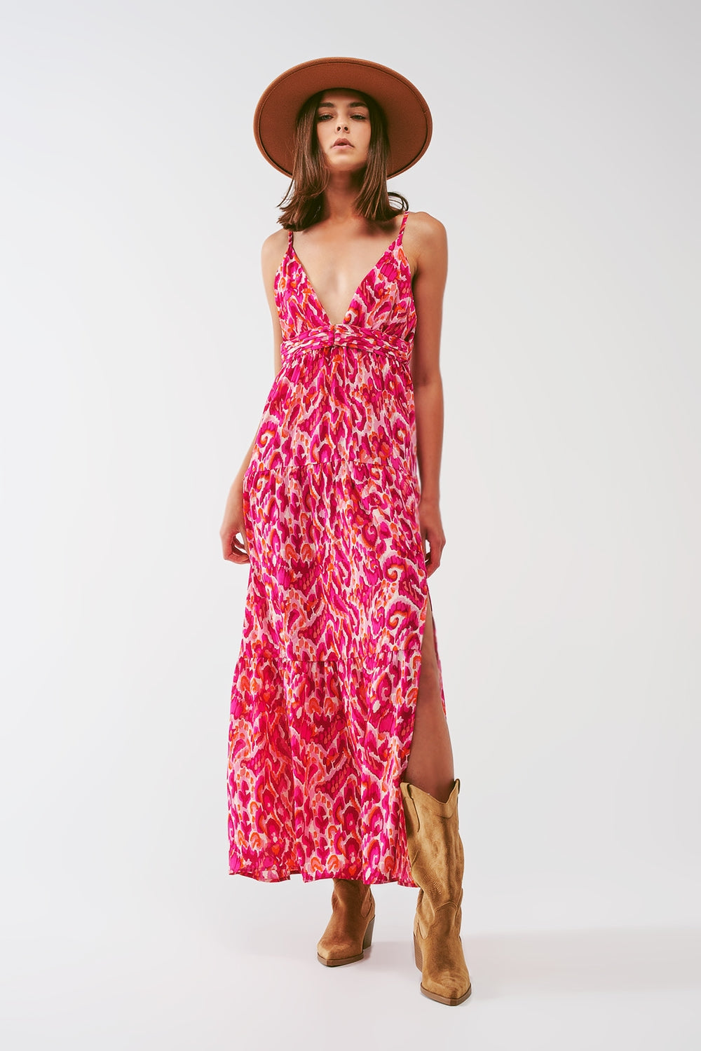 Q2 Vestido longo estampado floral com decote em V em rosa