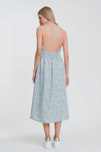 Vestido longo floral azul com costas abertas