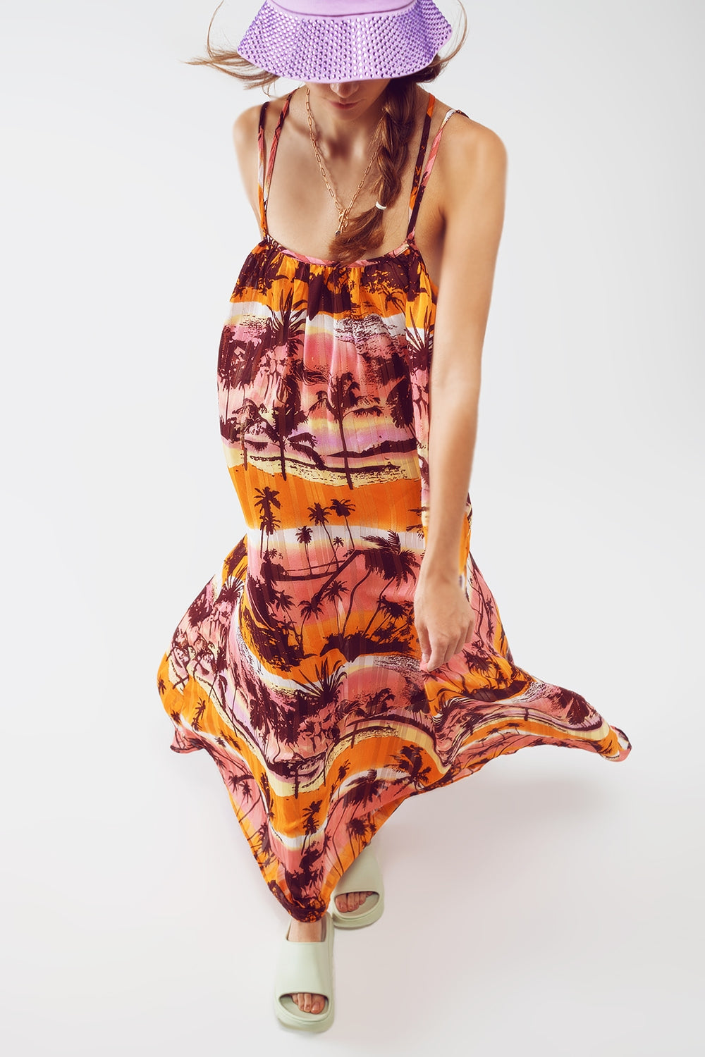Q2 Vestido longo maxi com as costas abertas e estampa tropical em rosa