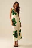 Q2 Vestido longo verde sem mangas e esvoaçante com estampa floral