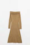 Q2 Vestido Maxi Bardot largo de malha em camel
