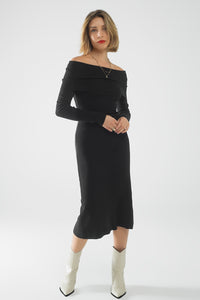 Q2 Vestido Maxi Bardot largo em malha preto
