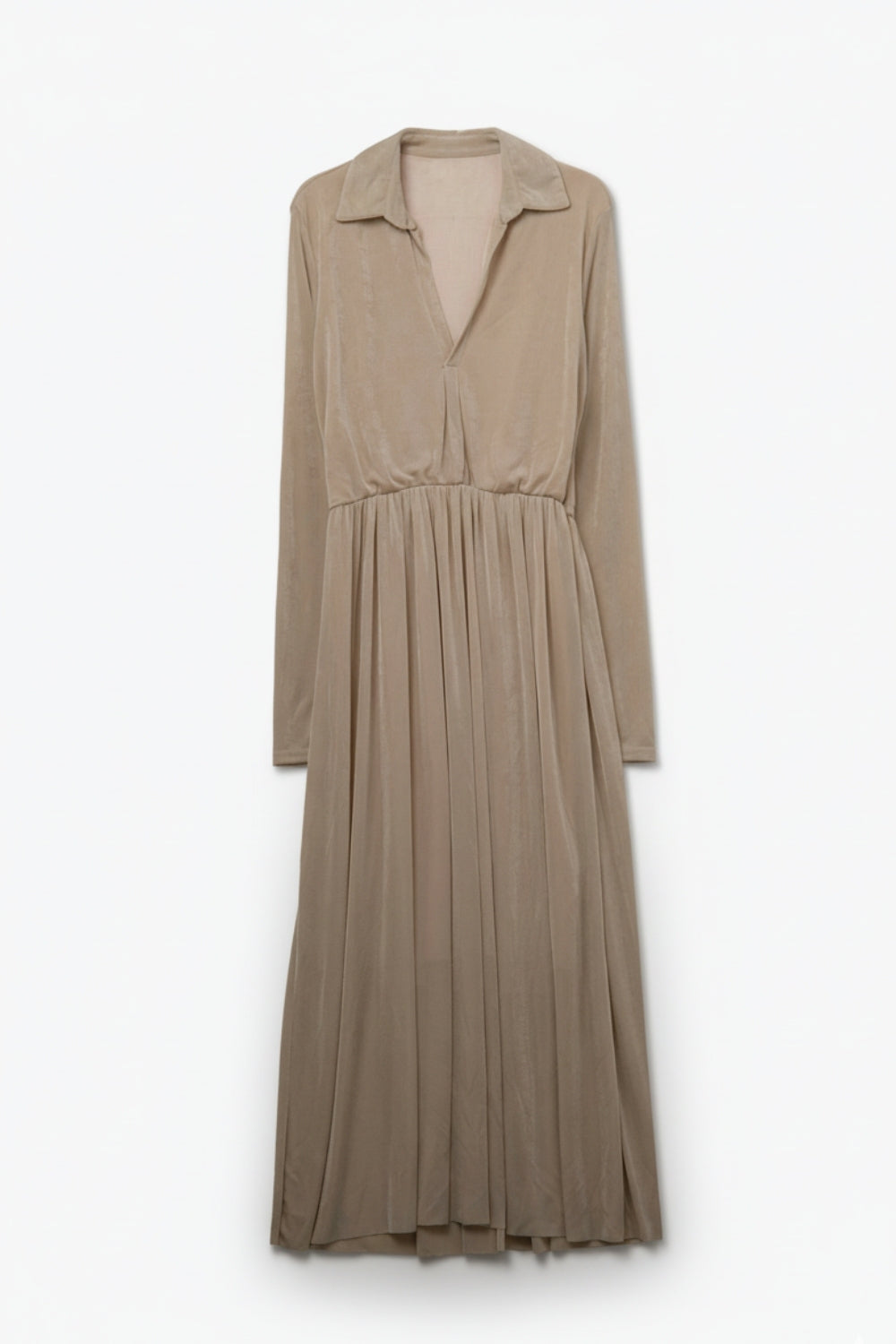 Q2 Vestido maxi bege com mangas compridas e gola alta