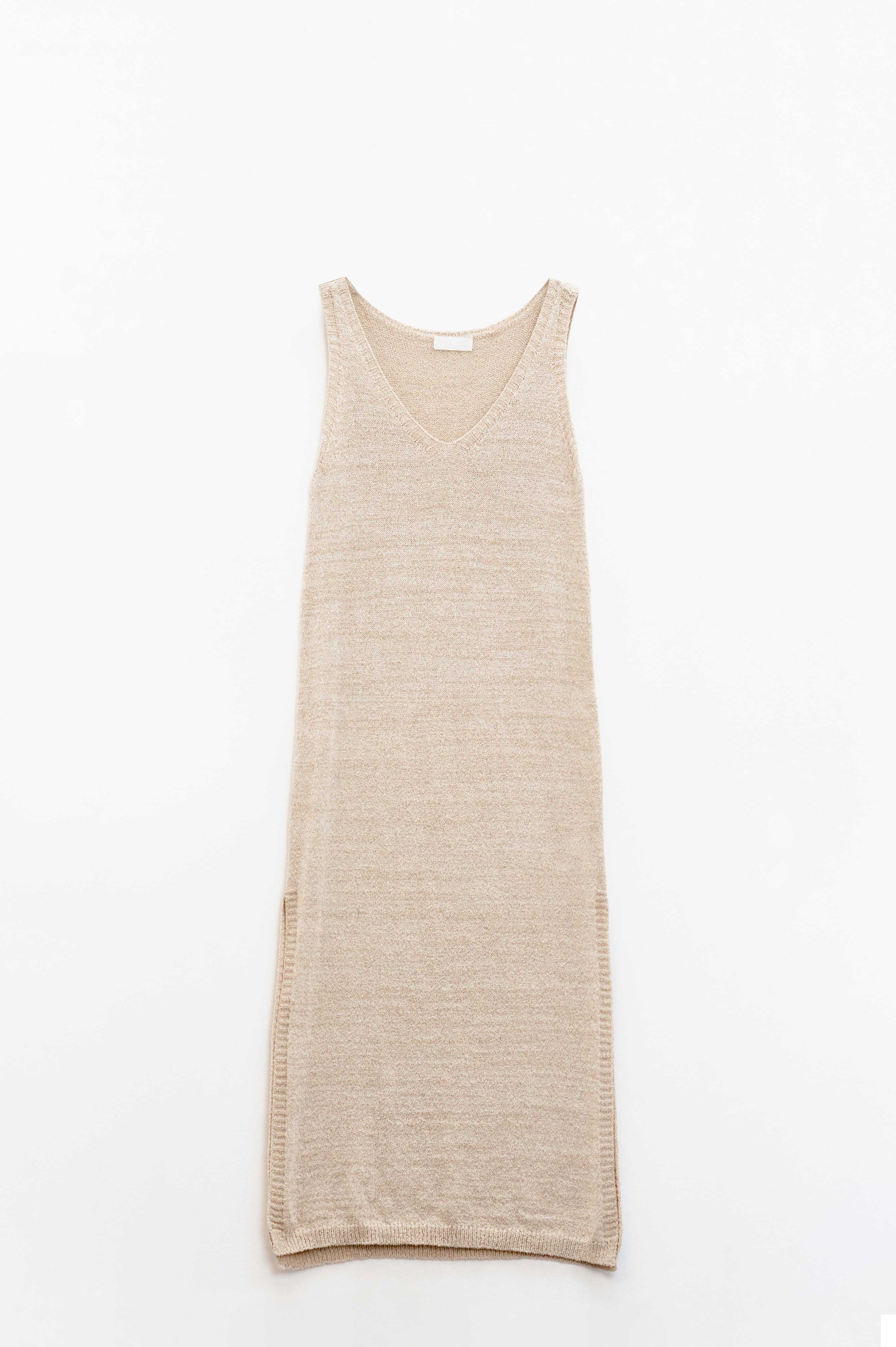 Q2 Vestido Maxi Bege Sem Mangas Com Fenda Lateral