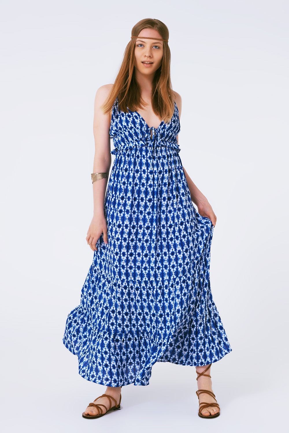 Q2 Vestido Maxi Boho Estampado com Alças