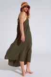 Vestido maxi caqui fluido com alças de esparguete e pormenores com brilhantes
