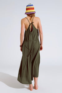 Vestido maxi caqui fluido com alças de esparguete e pormenores com brilhantes