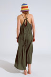 Vestido maxi caqui fluido com alças de esparguete e pormenores com brilhantes