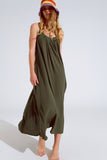 Vestido maxi caqui fluido com alças de esparguete e pormenores com brilhantes