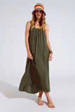 Q2 Vestido maxi caqui fluido com alças de esparguete e pormenores com brilhantes