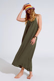 Vestido maxi caqui fluido com alças de esparguete e pormenores com brilhantes