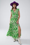 Q2 Vestido Maxi Cinched Waist com estampado floral em verde