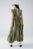 Vestido maxi com decote em V e saia em camadas em verde às riscas Tie-dye