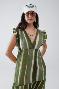 Vestido maxi com decote em V e saia em camadas em verde às riscas Tie-dye