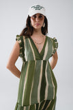 Vestido maxi com decote em V e saia em camadas em verde às riscas Tie-dye