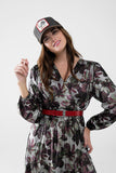 vestido maxi com estampado de flores de efeito metálico