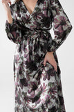 vestido maxi com estampado de flores de efeito metálico