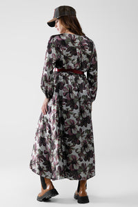vestido maxi com estampado de flores de efeito metálico