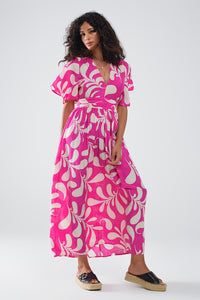 Q2 Vestido maxi com estampado floral fúcsia e costas abertas