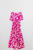 Vestido maxi com estampado floral fúcsia e costas abertas