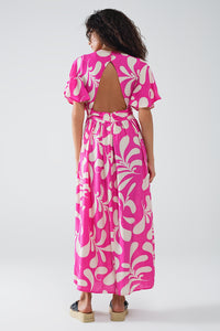 Vestido maxi com estampado floral fúcsia e costas abertas