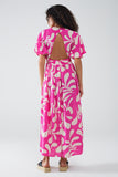 Vestido maxi com estampado floral fúcsia e costas abertas