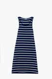 Vestido maxi com gola redonda em azul-marinho com riscas brancas