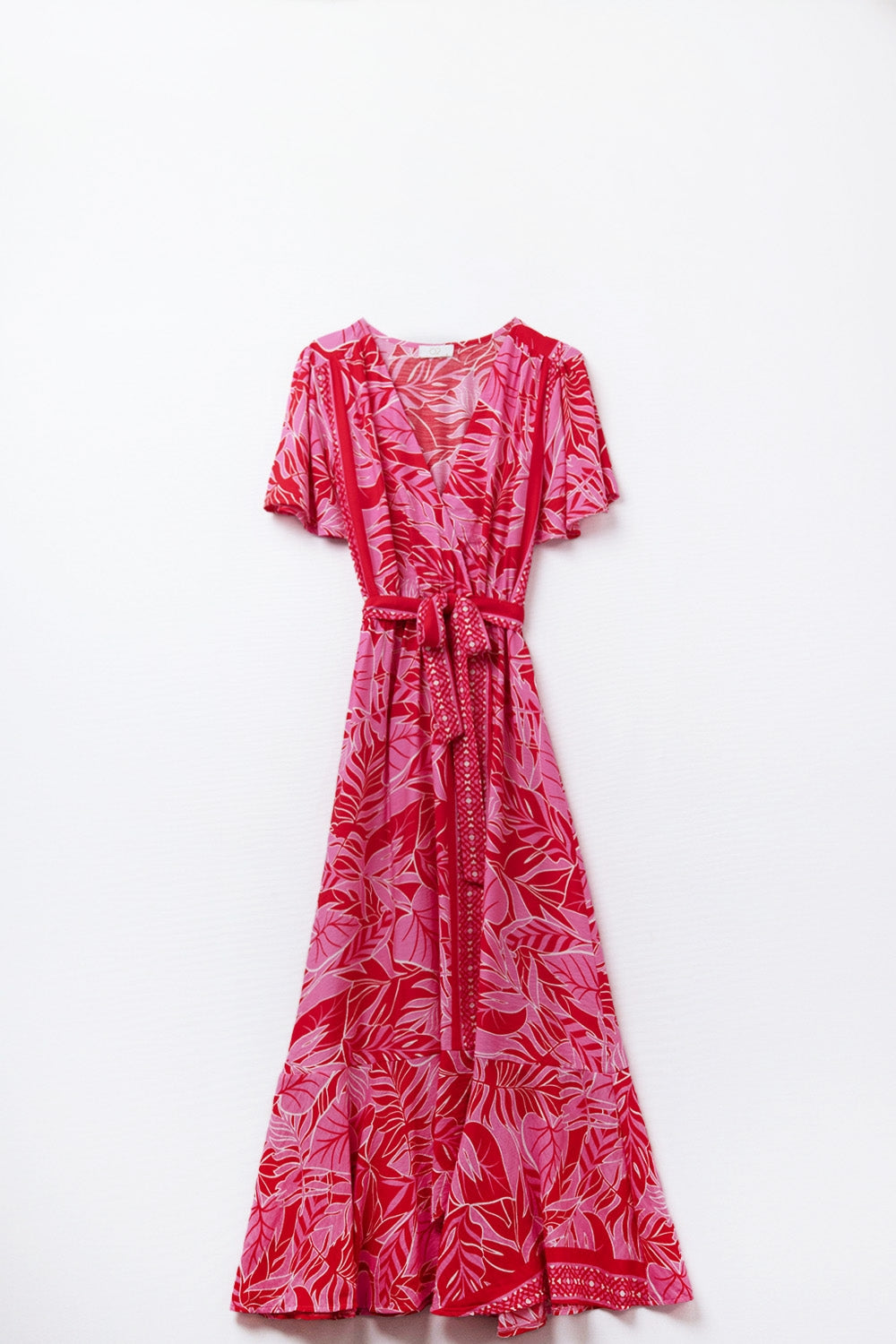 Q2 Vestido Maxi com motivos tropicais e cinto em fúcsia