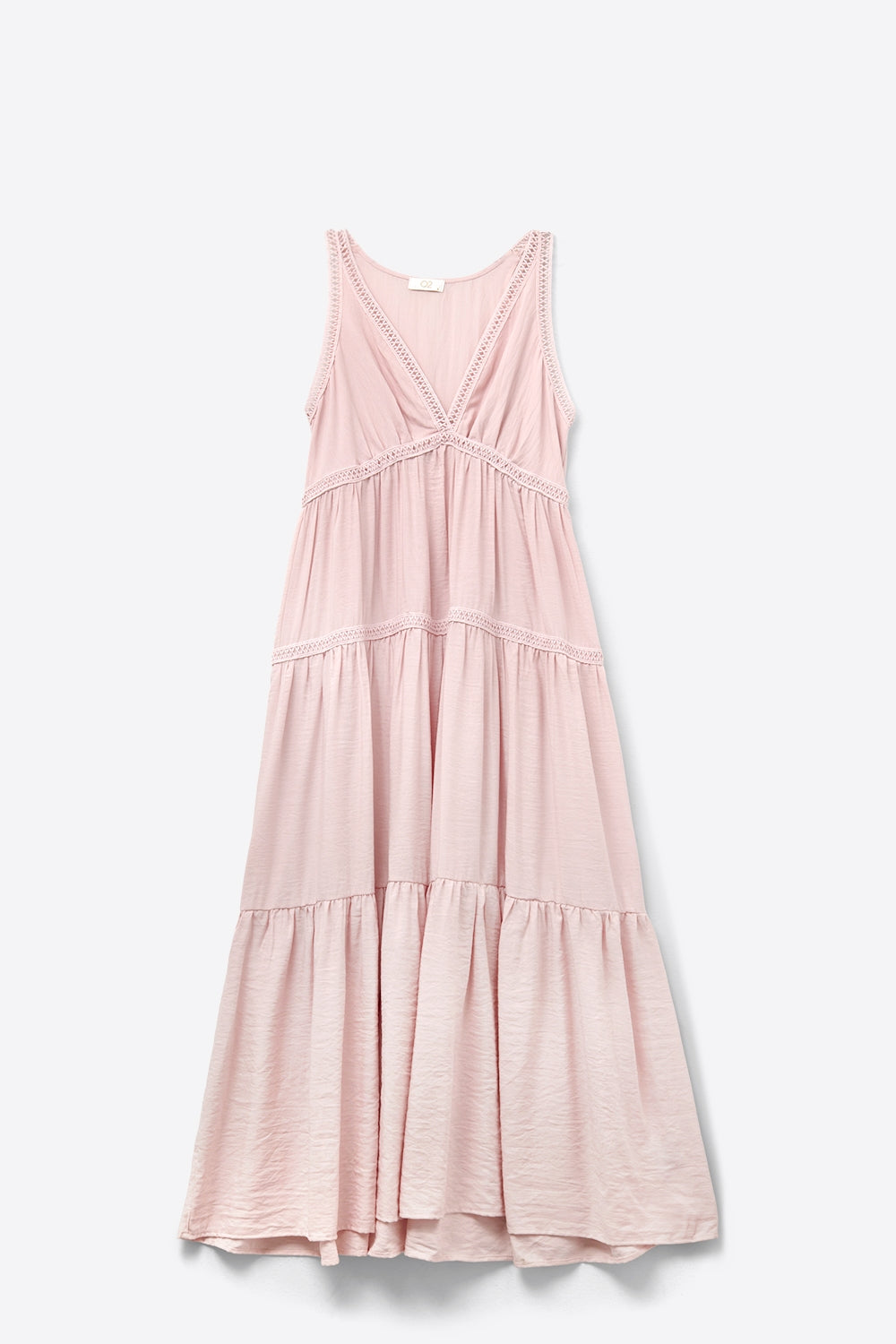 Vestido maxi cor-de-rosa com pormenores em renda e estilo boho