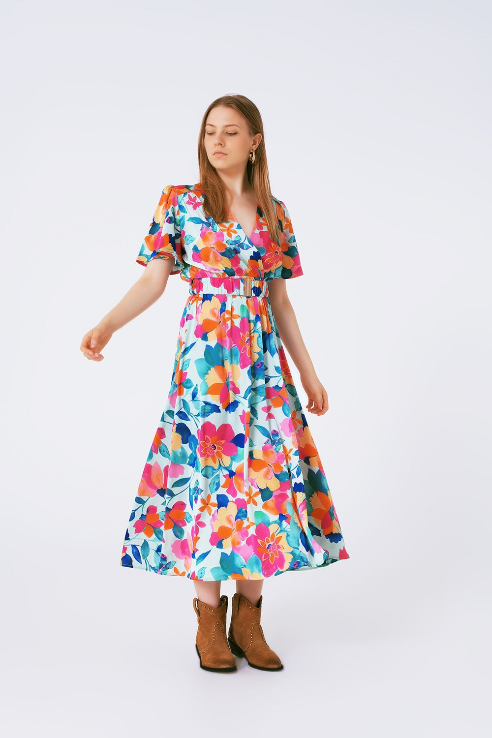Q2 vestido maxi de cetim macio com cinto e estampa de flores