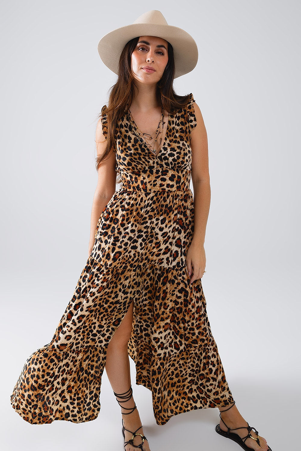 Vestido maxi de cintura subida com estampado leopardo