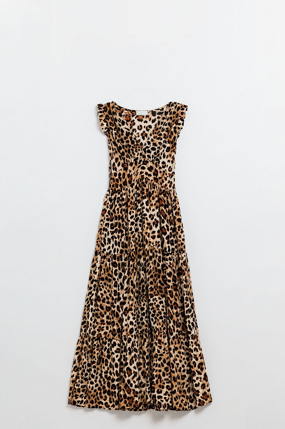 Vestido maxi de cintura subida com estampado leopardo