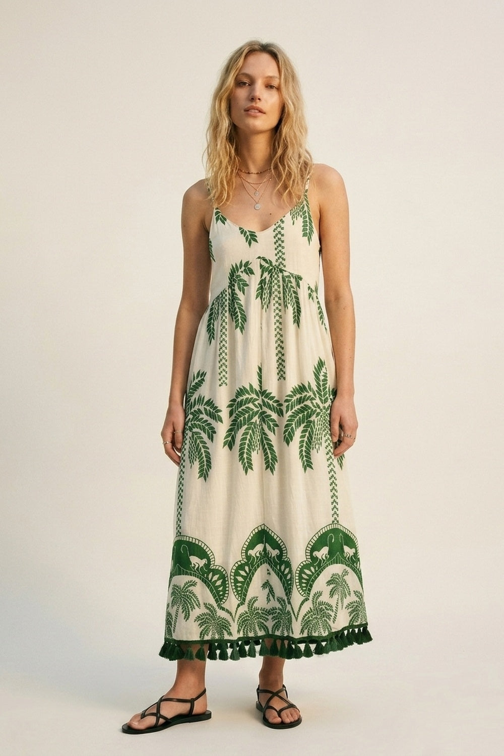Vestido Maxi de corte descontraído com estampado de palmeiras verde creme