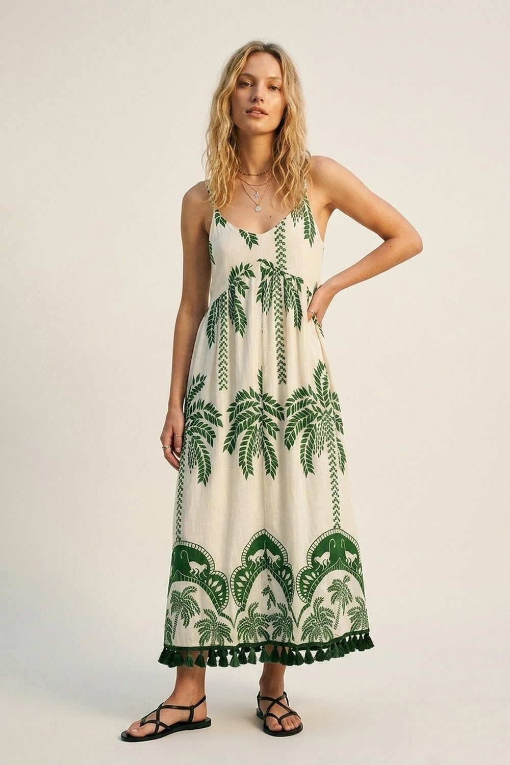 Q2 Vestido Maxi de corte descontraído com estampado de palmeiras verde creme