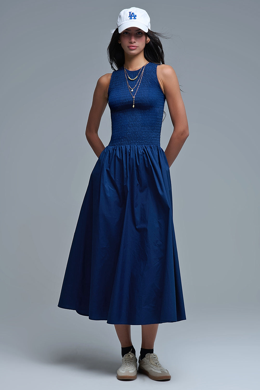 Q2 Vestido Maxi de popelina com pormenor de smocks