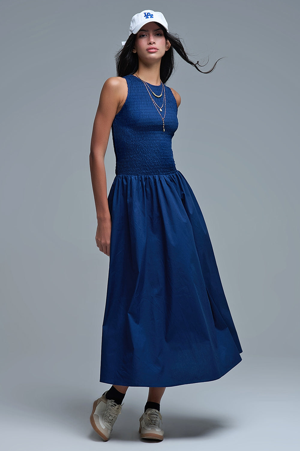 Vestido Maxi de popelina com pormenor de smocks