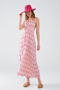 Vestido maxi de verão com estampado de penas e costas abertas em cor-de-rosa