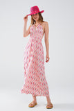 Vestido maxi de verão com estampado de penas e costas abertas em cor-de-rosa