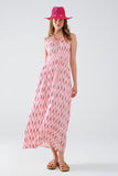 Q2 Vestido maxi de verão com estampado de penas e costas abertas em cor-de-rosa