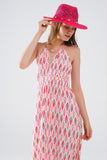 Vestido maxi de verão com estampado de penas e costas abertas em cor-de-rosa