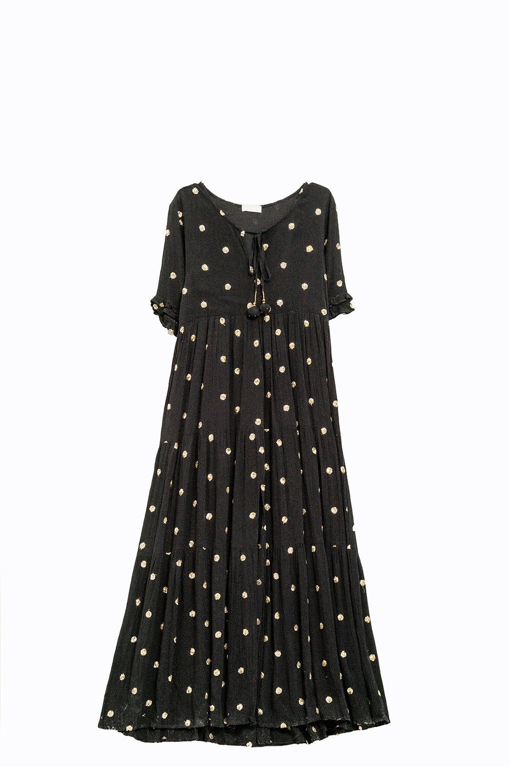 Q2 Vestido maxi em linha A em preto com lantejoulas douradas