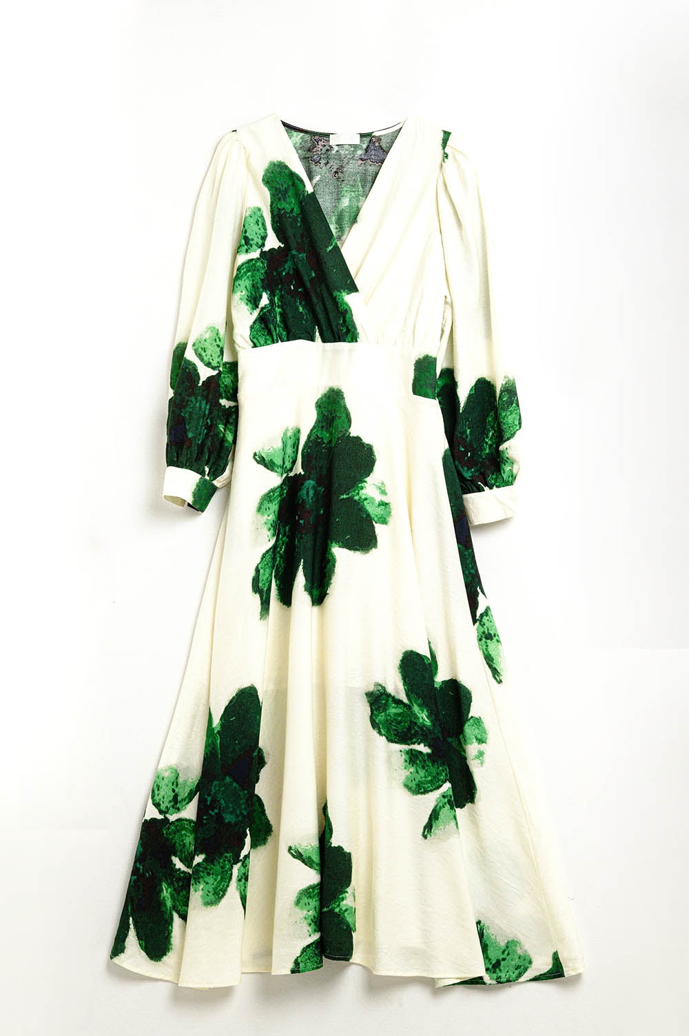 Q2 Vestido maxi envolvente bege com estampado floral tropical verde e mangas compridas