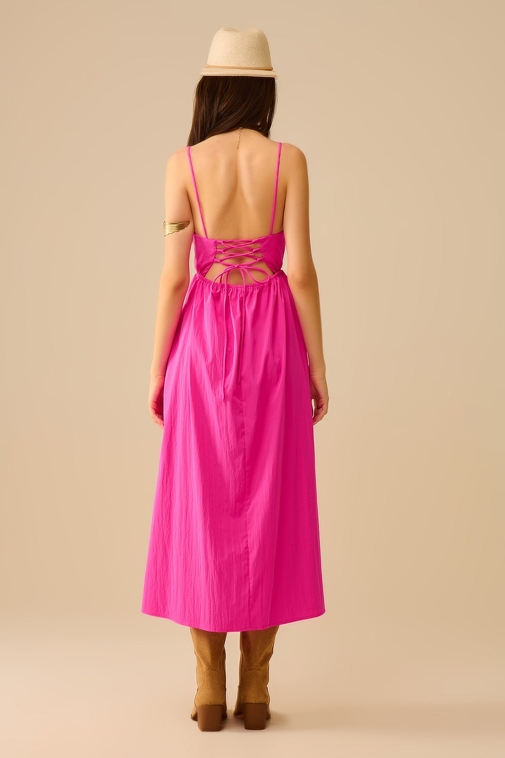 Vestido maxi Fucshia com palmas bordadas