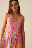 Vestido maxi sem mangas rosa com estampa de limão