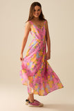 Vestido maxi sem mangas rosa com estampa de limão