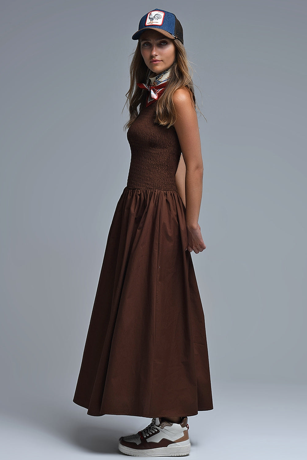 Vestido Maxi Smocked Poplin castanho