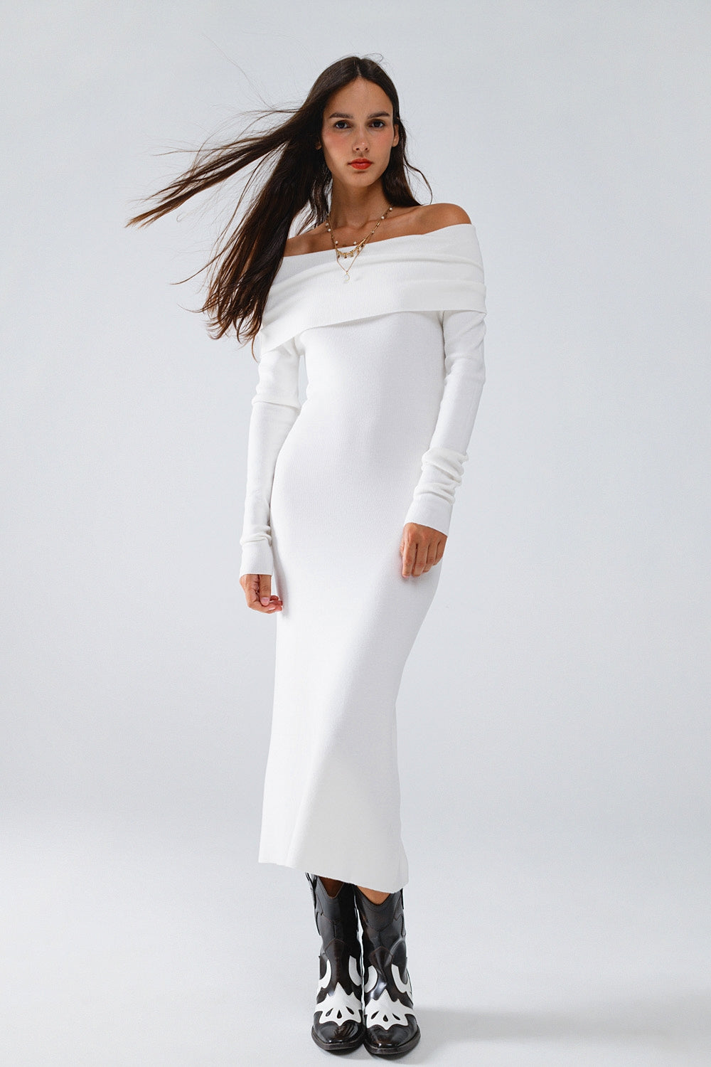 Q2 Vestido maxi tricotado com foldover Badot em branco