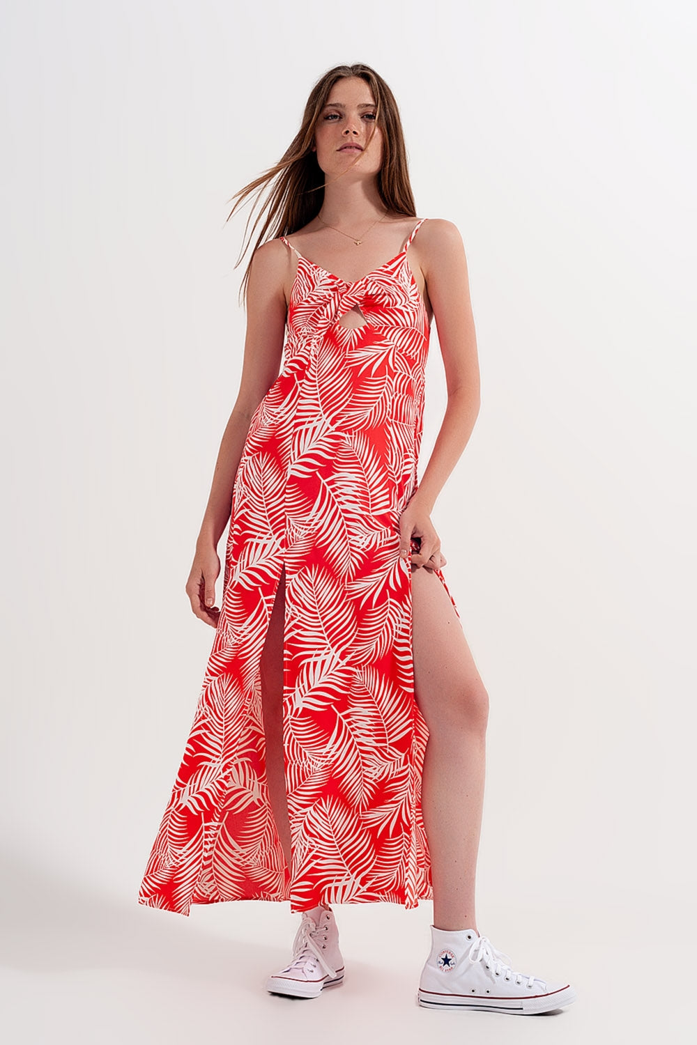 Vestido Maxi vermelho com estampado de folhas